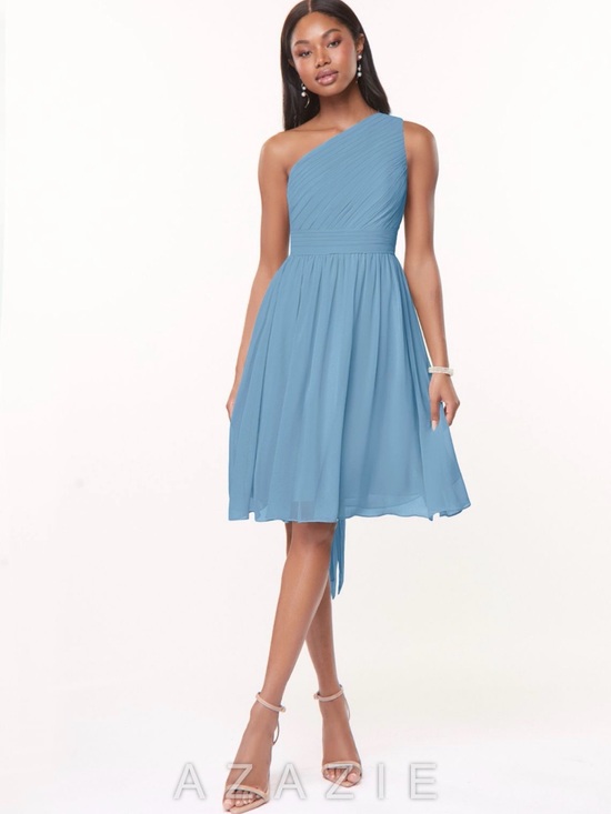 Azazie Dresses & Skirts - Azazie Katrina Steel Blue A-Line One Shoulder Chiffon Dress